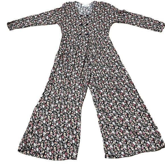 Vintage 90s dark florals high waist wide leg jumpsuit overalls - Picture 6 of 16